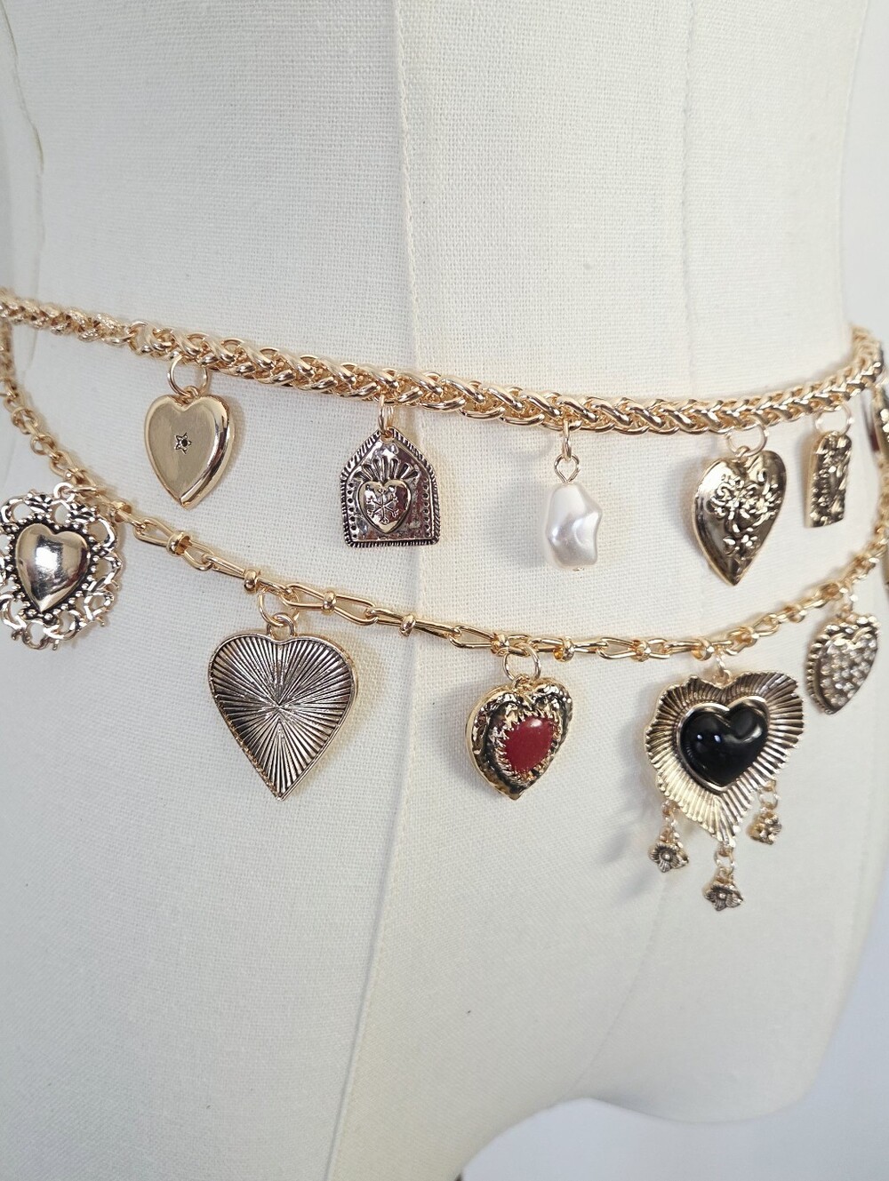 Gold Chain Charm Waist Belt with Heart and Gem Charms - Picture 6 of 8